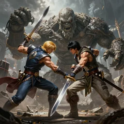 sword fight between conan the destroyer and the mountain zombie, centered, asymmetric, deep depth field, d & d masterpiece, featured on vimeo, digital painting featured on artstation, featured on pixiv, rule of thirds composition, cinematic dynamic lighting, hyper realistic, hyper detailed, concept art, sharp focus, 4 k, 8 k, by gerald brom and artgerm and greg rutkowski
