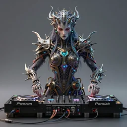 a centered photo of the most complicated and technical dj equipment being played by a mystical being, powerful, cinematic, beautifully lit, by artgerm, by karol bak, 3 d, perfect face and body, trending on artstation, octane render, 8 k