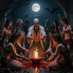 midnight moonlight underground realistic detailed matte painting of wan bald british man surrounded by tweakers!! addicts!! groupies! performing ritual blood! magic greg rutkowski artstation hdr vivid color ( ( ( ( ( ( ( alphonse mucha ) ) ) ) ) ) )