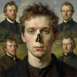 a portrait of a male character, nose of (((skull))), in a scenic environment by Ross Tran and by Jesper Ejsing and by Mikalojus Konstantinas Ciurlionis