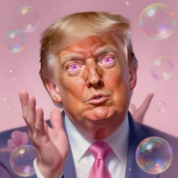 dream portrait of donald trump , dreamy and ethereal, expressive pose, big pink eyes, exciting expression, fantasy, intricate, elegant, many rainbow bubbles, rose tones, highly detailed, digital painting, artstation, concept art,cyberpunk wearing, smooth, sharp focus, illustration, art by artgerm and greg rutkowskiand alphonse mucha,Salvador Dali.