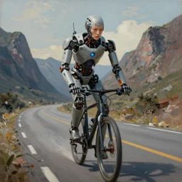 a painting of a robot with a human face, riding a bike on a road between two mountains, photorealism, cyberpunk art by android jones, cgsociety, analytical art, dystopian art, future tech, behance hd