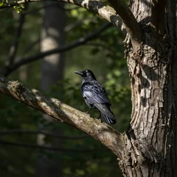 were - crow stalking around tree, photograph captured in a forest