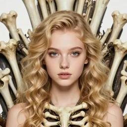 editorial photo of girl on bones throne, blonde, curly hair, clean big eyes, symmetrical beautiful face, clean skin, bones, skull jewelry, native costume and accessories,, fashion editorial photography, hyperrealistic, from vogue magazine, ultra realistic, artgerm, reflections, gold, teal, orange, 8 5 mm