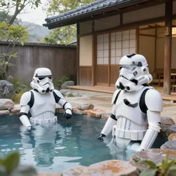 hyperrealism composition of the japanese house with a hot springs in the garden, two detailed stormtroopers bathe in a hot spring, pop - art style, jacky tsai style, andy warhol style, roy lichtenstein style, round canvas, acrylic on canvas