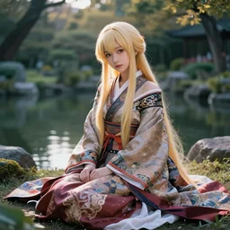 gorgeous japanese princess sitting by the pond in a fantasy garden, face of blondie, long hair, beautiful intricately decorated clothing, natural pose, backlight, dusk, shallow depth of field, fantasy matte painting, coherent composition, karole bak, mohrbacher, hasui kawase