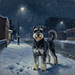 A Schnoodle dog at night in the world of Edward Hopper, stormy snowy weather, streetlights, extremely detailed masterpiece, oil on canvas, low-key neon lighting, artstation, Blade Runner 2049, Roger Deakin's cinematography, by J. C. Leyendecker and Peter Paul Rubens