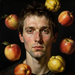 a close - up portrait of a futuristic man with airborne fruit. studio lighting. black background. highly detailed science - fiction painting by norman rockwell, moebius, frank frazetta, syd mead, and giuseppe arcimboldo. rich colors, high contrast. renaissance masterpiece. artstation