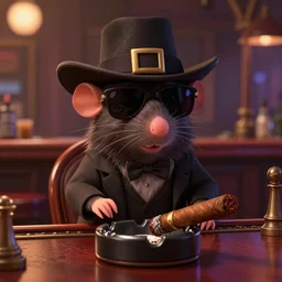 a still of an anthropomorphic gangster rat, wearing sunglasses and a mafia-style hat, long fur and a large cigar in an ashtray, sitting at a bar in a DIsney Pixar movie, 35mm f2.8, 4k, artstation, PBR materials, Pixar renderman render