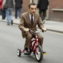 mr bean dressed as the jigsaw puppet from saw riding around on a little tricicle