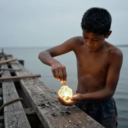 A young breaker boy on the line stealing a piece of glowing ore by placing it inside a pendant