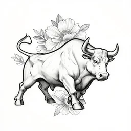 amazing line tattoo, side view of a charging bull, bold strong lines large flowers