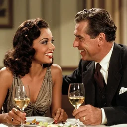 the image is a lost hollywood film still 1 9 3 0 s photograph of a woman with ebony skin, long hair, and silver - colored eyes having an intimate dinner with her handsome husband. they are laughing and enjoying each other's company over a glass of wine. vibrant cinematography, anamorphic lenses, crisp, detailed image in 4 k resolution.