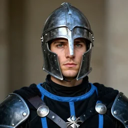Medium closeup of Sam Hyde, sigma male, idealistic and pious male Imperial soldier wearing a black tabard with light royal blue accents over a gambeson and a steel open helm, by Raymond Swanland Greg Rutkowski Lise Deharm, {perfect face}, {perfect eyes}
