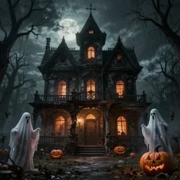 creepy haunted house with ghosts pumpkins and skeletons