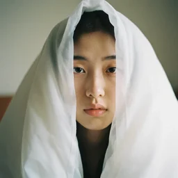 filmstill photography of female face covered with white translucent blanket