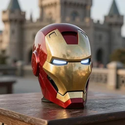 a reflective steel engineering mask of ironman at in a table, medieval themed castle in golden afternoon light, professional photography