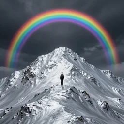 A man on the silver mountain, underneath a rainbow in the dark. Fantasy. Dio album cover illustration.