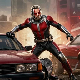 Giant Scott Lang (Ant-Man) crushes a car, film still from 'Ant-Man and the Wasp'