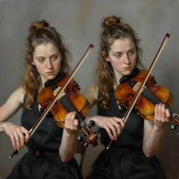 portrait of two sister violin players getting ready to perform looking, half figure front, francis bacon and pat steir and petra cortright and james jean, psychological, photorealistic, intriguing details, rendered in octane, altermodern