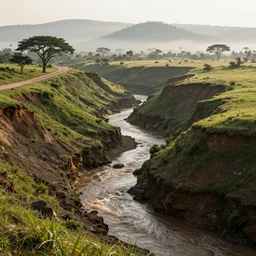 erosion channels river, landslide road, green hills savanna tree, mountains background, early morning light fog, heavy grain, high quality,