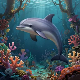 underwater forest of rainbow corals and colorful foliage in ecco the dolphin, d & d, fantasy, intricate, elegant, highly detailed, digital painting, artstation, concept art, matte, sharp focus, illustration, hearthstone, art by ruan jia and conrad roset,