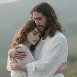 jesus hugging a woman, spirit hugs, in style of paolo roversi, britt marling style 3 / 4, a beautiful ethereal lace white robe, close - up, 8 k, soft focus, soft light, volumetric lighting, highly detailed realistic, refined, highly detailed, natural outdoor soft pastel lighting colors scheme