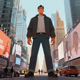 a digital painting of a giant man standing on Times Square