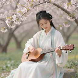 a beautiful picture of flowers blooming, a girl in hanfu playing old chords by greg rutkowski and thomas kinkade, trending on artstation