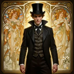 sargent, leyendecker, greg hildebrandt, highly detailed portrait of a male vampire wearing a suit vest and top hat, art nouveau, stephen bliss, unreal engine, by greg rutkowski, loish, ferdinand knab, ilya kuvshinov, rossdraws, tom bagshaw, alphonse mucha, global illumination, radiant light, detailed and intricate environment