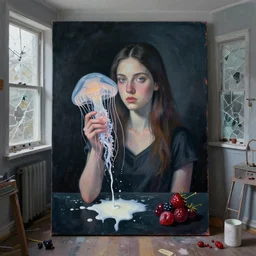 a portrait in a dark apartment, a female art student holding a jellyfish, milk puddles, berries, broken windows and glass, neo - expressionism, surrealism, acrylic and spray paint and oilstick on canvas