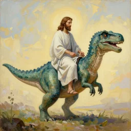 “painting of Jesus riding a dinosaur”