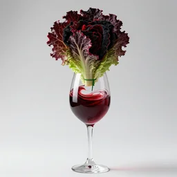 a photo of a swirling red wine glass with a thin green neck wearing a kermit collar, the top is a black and red vortex made of velvet shards in the shape of a head red butter lettuce