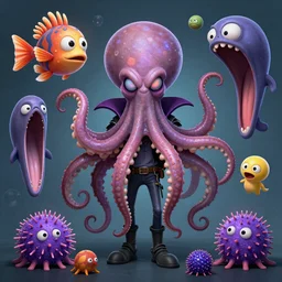 punk rock vampiric electrifying rockstar bipedal vampire octopus, angler fish, gulper eel, and sea urchins conceptual character designs of various shapes and sizes by genndy tartakovsky and splatoon by nintendo and the psychonauts franchise by doublefine tim shafer artists for the new hotel transylvania film