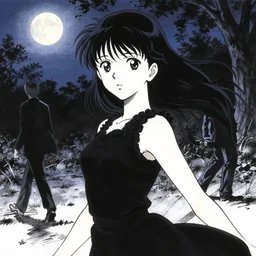 anime visual, dark portrait of an elegant girl sightseeing at night in a park, moon, cute face by yoh yoshinari, katsura masakazu, dynamic pose, dynamic perspective, ilya kuvshinov, strong silhouette, anime cels, rounded eyes, realistic proportions, moody, inked facial features, crisp, inked details