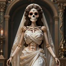 an aesthetic iconic image of santa muerte the folk saint of death realistic! full - body! picture! cute anatomy with an adorable face shapely body heavy chested, she's intricate and elegant wrapped in a light flowing silk, a few piercings, a highly detailed real - life 1 0 8 - megapixel photograph, art nouveau, epic composition, hd