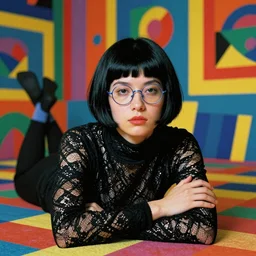 egon schiele short black asymetrical bob haircut and round thin blue frame glasses, dressed in black turtleneck lace,  hands crossed, laying over a colorful and bright trippy victor moscoso room. colorful.