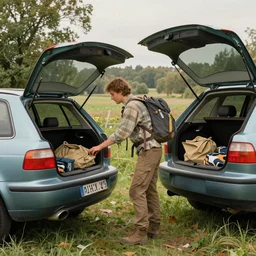hiker unloading the car before camping, style by alphonse mucha