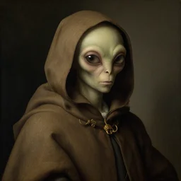an alien wearing a hooded cloak, by Jan van Eyck