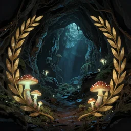a dark cave with glow - in - the - dark mushrooms, artstation, illustration