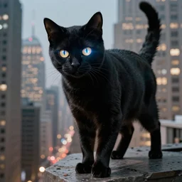 1 9 5 0's film scene of a giant black cat with laser eyes attacking a major city