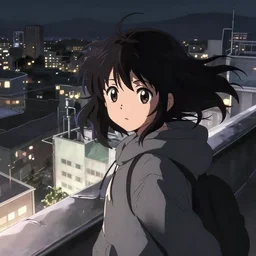 anime visual portrait of a young black haired girl wearing hoodie sightseeing above the urban city school rooftop cute face by yoh yoshinari katsura masakazu dramatic lighting dynamic pose dynamic perspective strong silhouette ilya kuvshinov anime cels 1 8 mm lens rounded eyes moody detailed