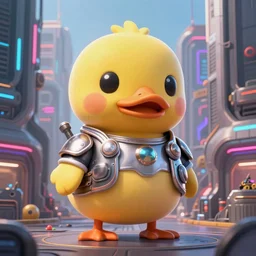 giant cute duck!! wearing armor in dystopian cyberpunk city, digital art, photorealistic render, octane, artstation