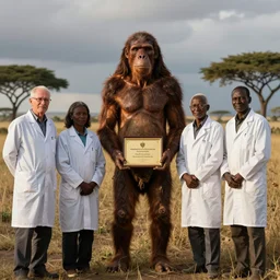 modern researchers meeting homo erectus in the wild, east african plains, modern human meeting archaic human, scientists, award - winning photograph
