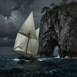 photorealistic painting of a 1 9 2 5 seiner sailing near a short tropical cliff with the mouth of a sea cave at the waterline, dark, brooding, atmospheric, lovecraft, horror, smooth, epic, highly detailed, cinematic, by robert bateman