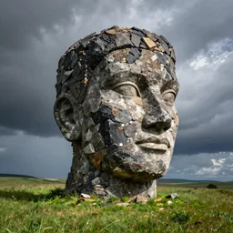 giant head sculpture in the meadow, made of stones and lava by tomasz alen kopera