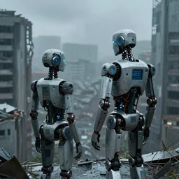 a heartfelt unspoken love story between two robots overlooking a crumbling empty city, third person, cyberpunk, dystopia, rain, bittersweet