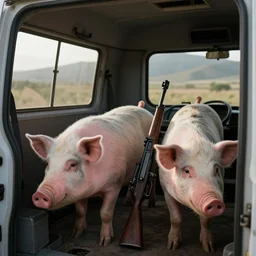 movie pigs armed with rifles interior van, beautiful skin, natural lighting by Emmanuel Lubezki