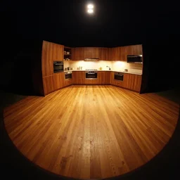 emmo dark, night outdoor, volumetric lighting, top light, fisheye, curved perspective, naive, extra narrow, wooden texture, kitchen, large floor, by rhads antoni gaudi goya, warm tones