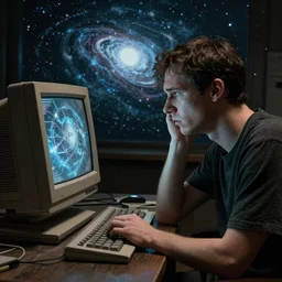 a high resolution photo of a sad man watching the end of the universe on a vintage computer, dystopia, end of the world